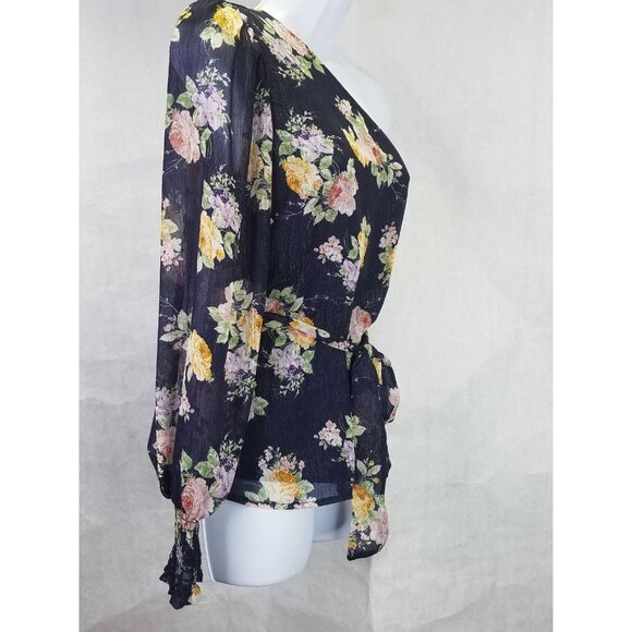 GIBSON LOOK Blouse Women XS One Shoulder Tie Waist Black Floral Side Zip Top NEW - Picture 4 of 16